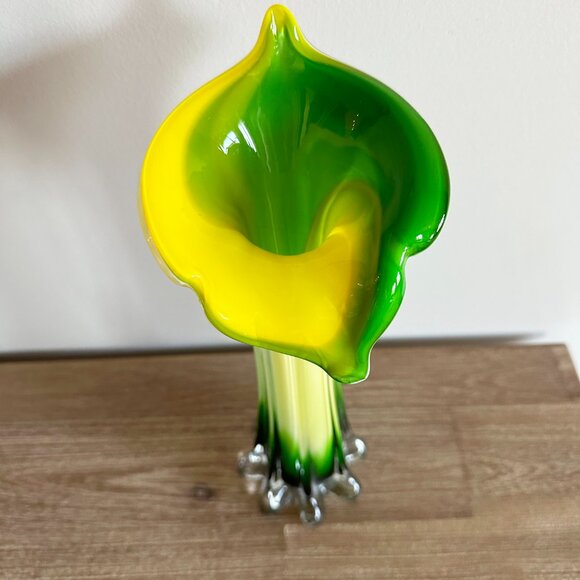Vintage Green Yellow Hand Blown Art Glass Jack in the Pulpit Vase 12” - Picture 2 of 3